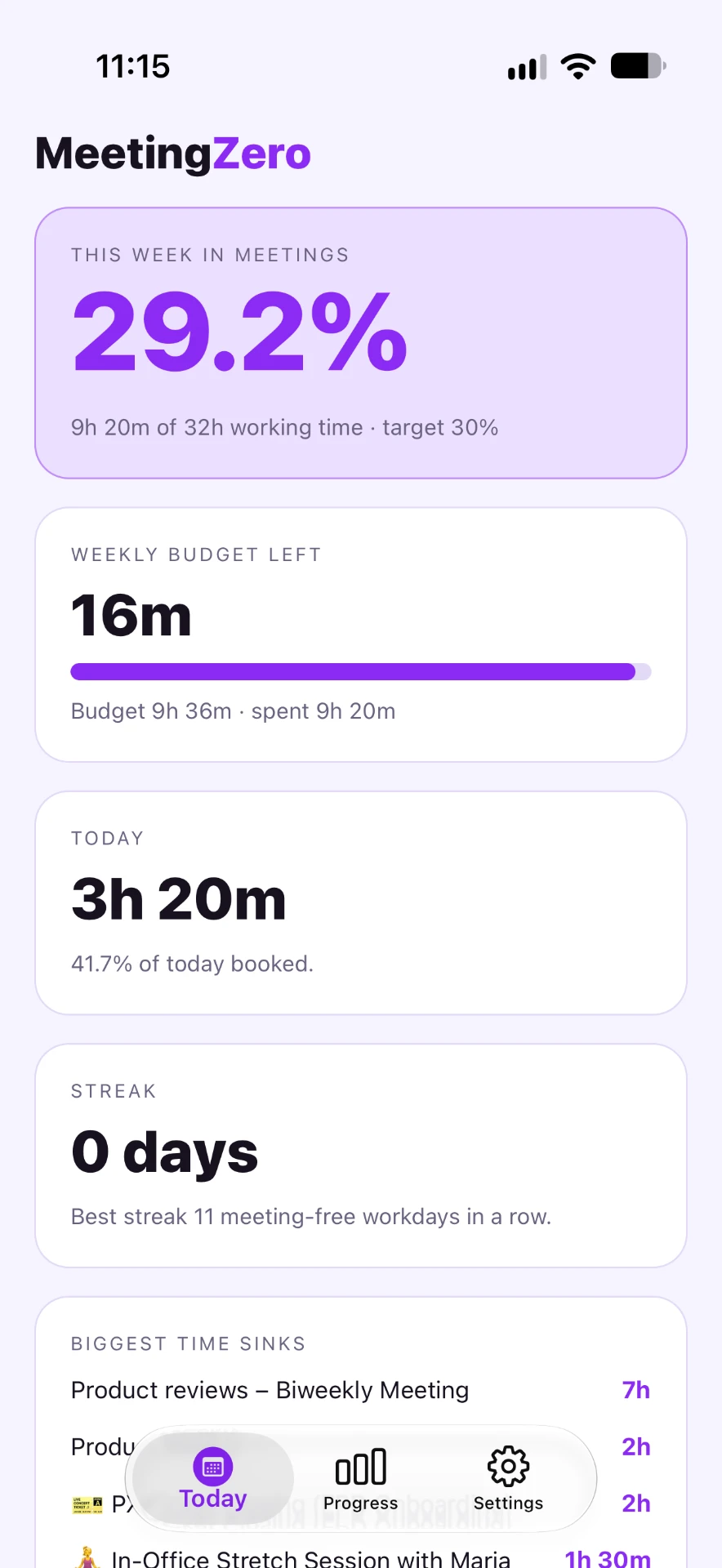 Meeting Zero today screen showing 29.2% of the week in meetings